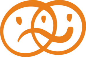 Zwei verbundene, lächelnde Gesichter als Symbol.